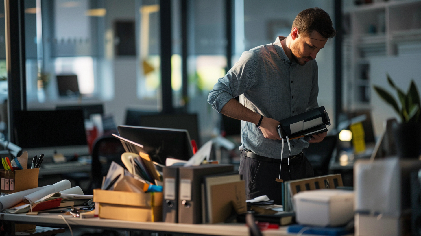 Employer in modern office preparing severance pay documents, calculating severance pay for staff